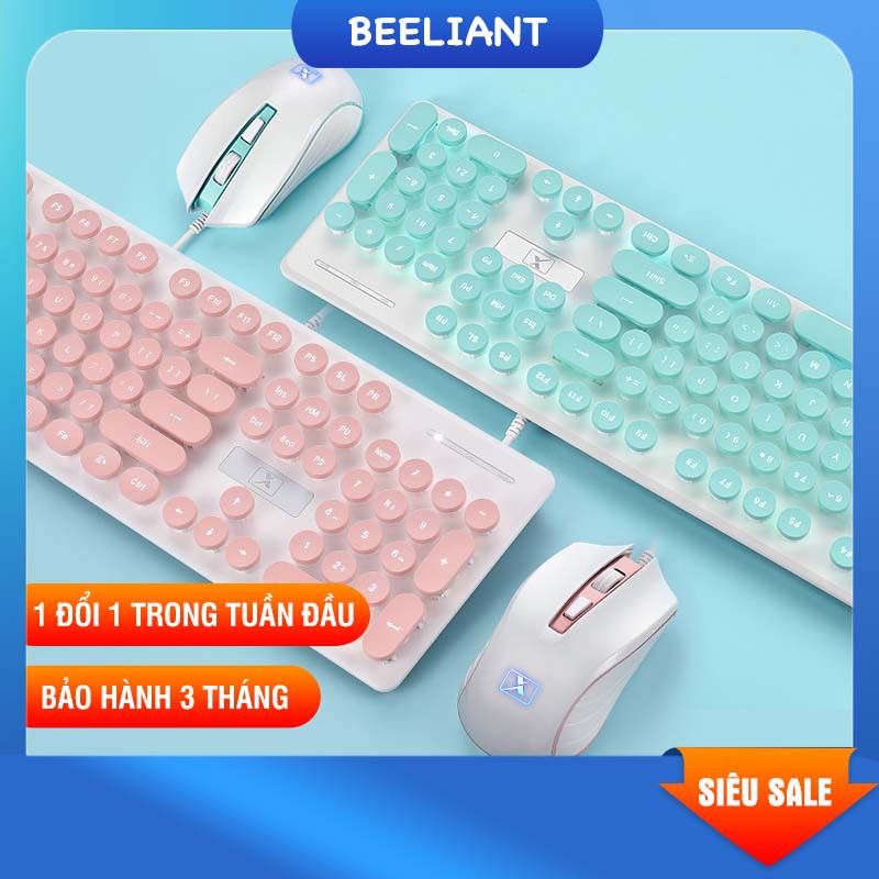 Bộ bàn phím và chuột N518 màu hồng phấn màu xanh biển cao cấp có đèn LED sáng thiết kế phím tròn nổi bật