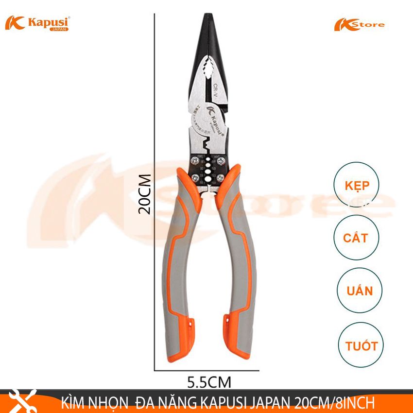 KÌM NHỌN ĐA NĂNG CAO CẤP 4 TRONG 1 KAPUSI JAPAN 20CM/8INCH. CÁC CHỨC NĂNG KẸP - CẮT - UẤN - TUỐT DÂY TỪ 1.0, 1.5, 2.5, 4.0, 6.0MM, KỀM ĐIỆN TIÊU CHUẨN NHẬT BẢN
