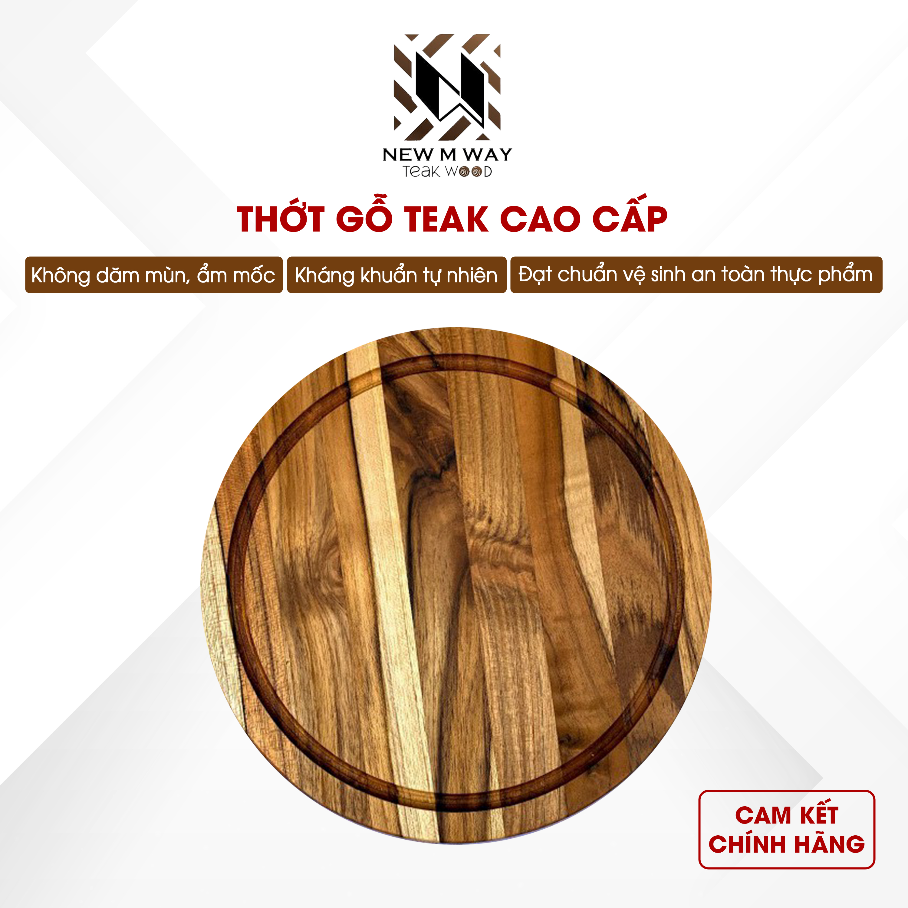 Thớt gỗ teak new m way, hình tròn có rãnh làm từ gỗ cao cấp, dùng cắt thái thức ăn, siêu đẹp siêu bền