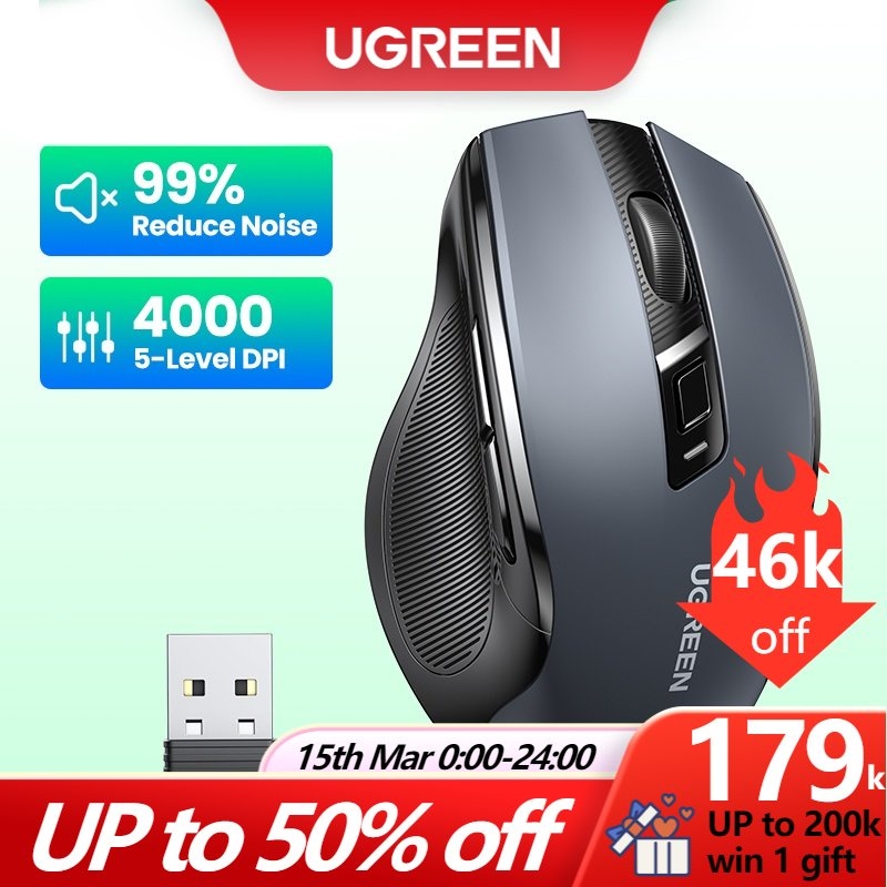 ❁ [Mã ELBMO2 giảm 12 đơn 500K] UGREEN Chuột Không Dây 6 nút im lặng 5 Cấp Độ 4000DPI 2.4G Kết Nối USB Mini