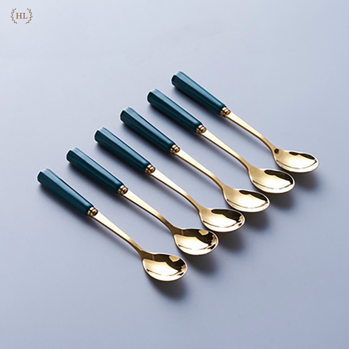 Set 06 Thìa nĩa inox cán sứ lục giác - Thìa nĩa cán sứ xanh Đông Âu