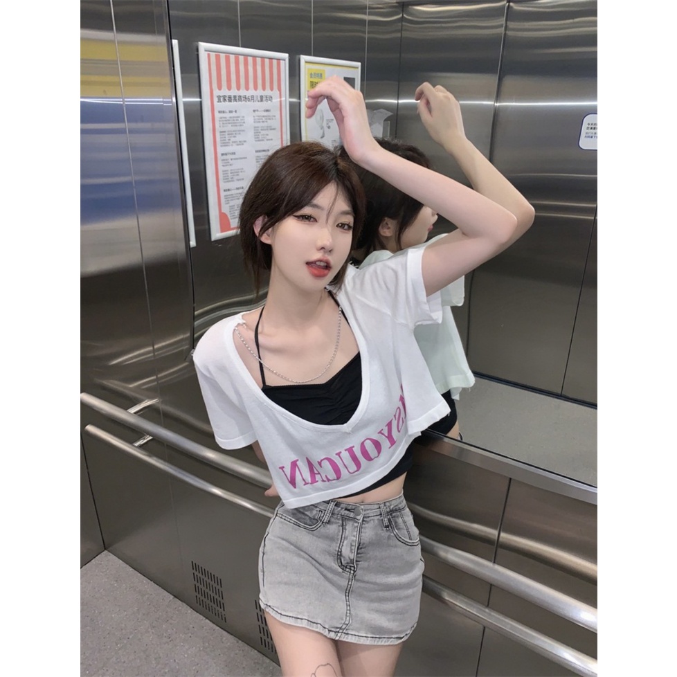 Bộ Áo Croptop Cộc Tay MSYOU Áo Yếm 🦋 Set Áo Crt Nữ Kèm Áo Dây 2 Màu 🦋