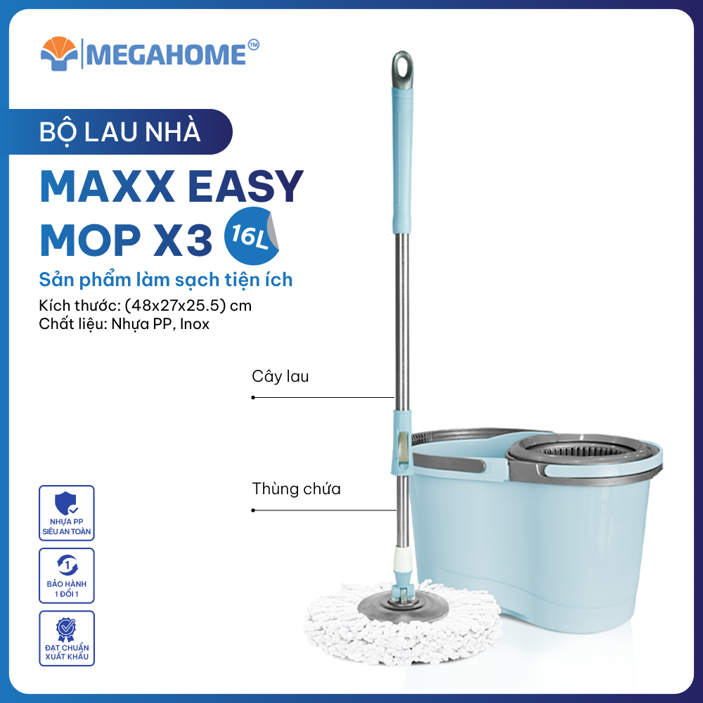 Bộ lau nhà maxx easy mop x3, dung tích 16l, lồng vắt nhựa, xoay 360 độ