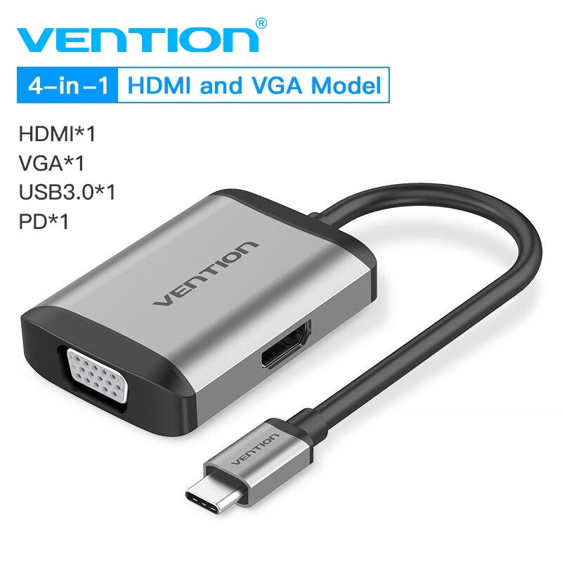 Type c - cáp chuyển usb type c to hdmi + vga + usb + pd vention tfahb