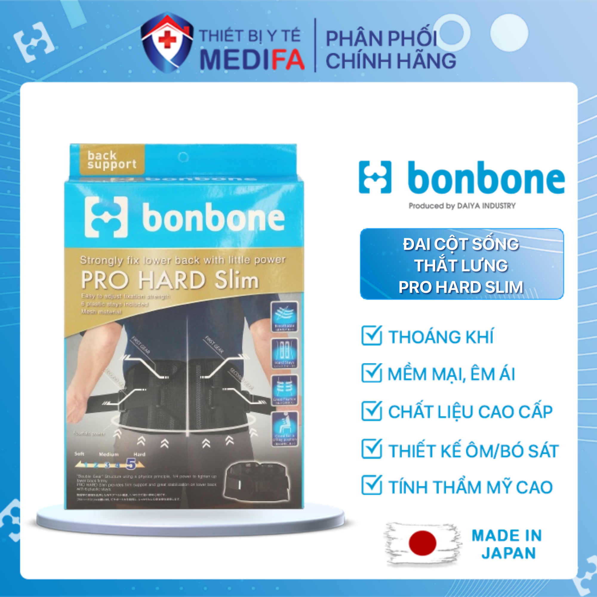 Đai lưng cột sống bonbone pro hard slim hỗ trợ điều trị bệnh lý cột sống, thoát vị đĩa đệm