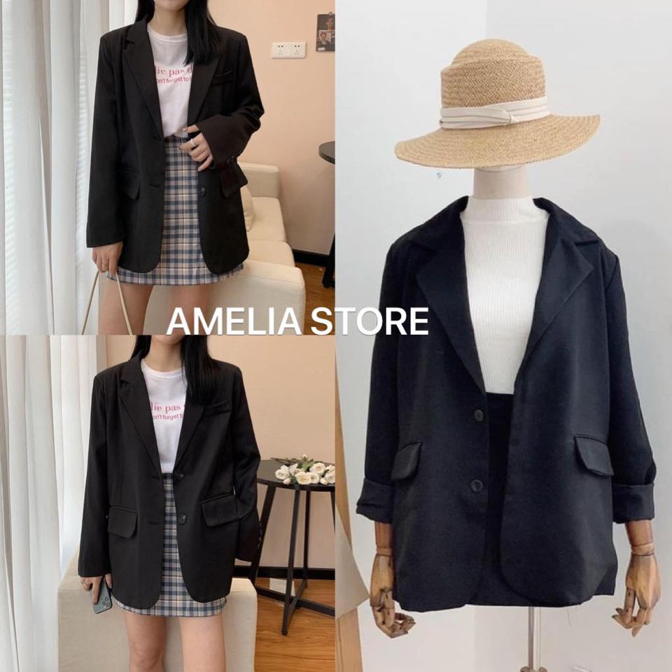 (ẢNH THẬT) Áo blazer trơn màu đen, áo khoác vest blazer AVS01, áo blazer hàn quốc, AMELIA, Áo vest nữ, áo balzer nư, áo blazer đen, áo blazer nữ 2 lớp from rộng dài tay, áo vest nữ hàn quốc from rộng, áo vest nữ công sở