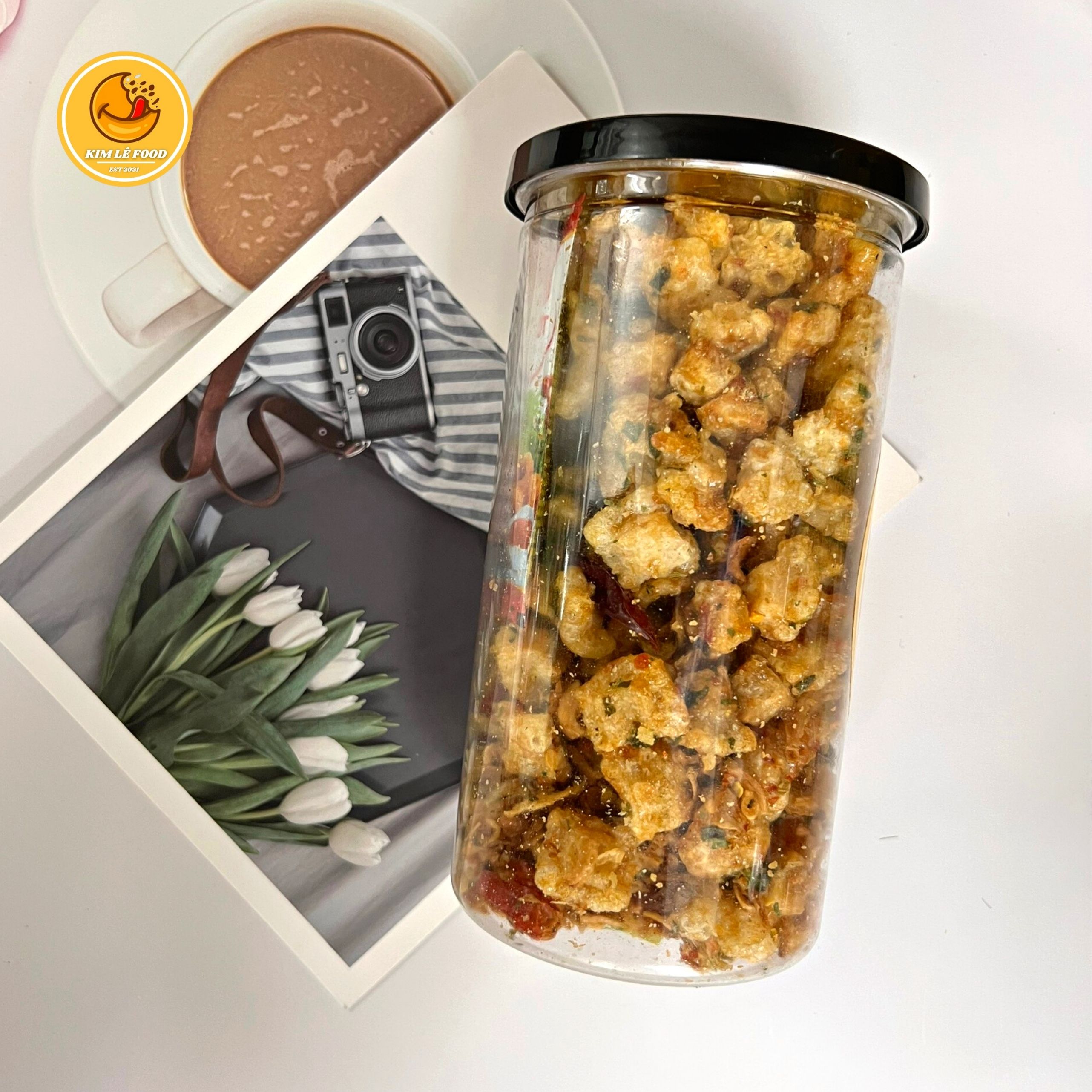 Tóp mỡ mắm tỏi , tóp mỡ chiên giòn lon 250g đồ ăn vặt ngon | kim lê food