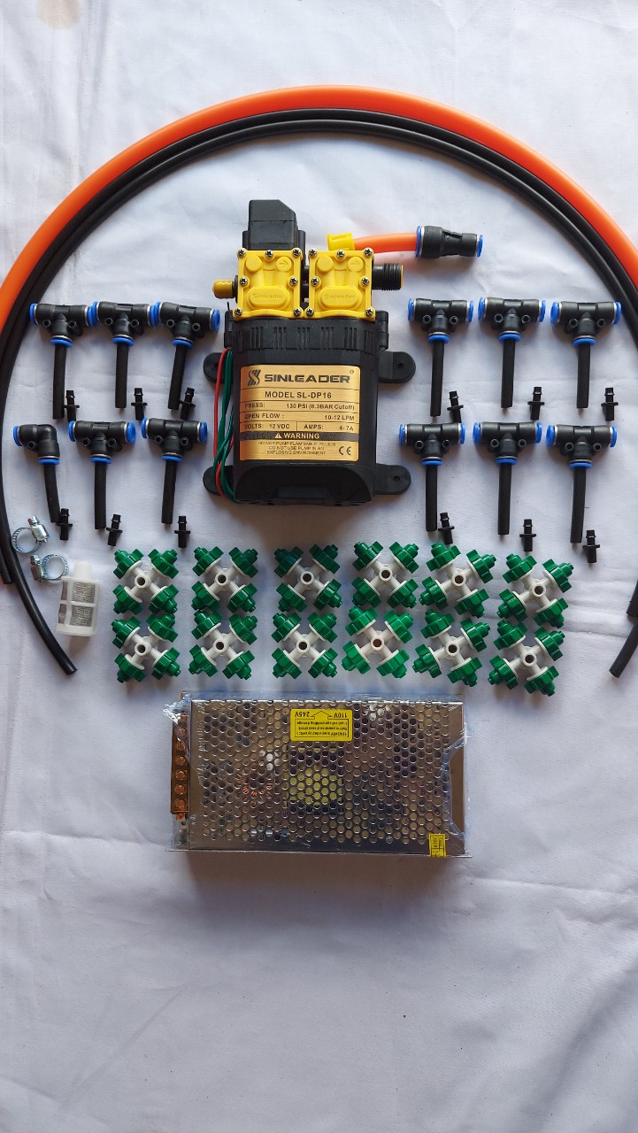 Máy tưới lan. Bộ phun sương. tưới lan Bơm Đôi Sinleader kèm nguồn 12V-10A. 12 béc 4 hướng. 20m dây 8li.1m dây hút. lọc rác...
