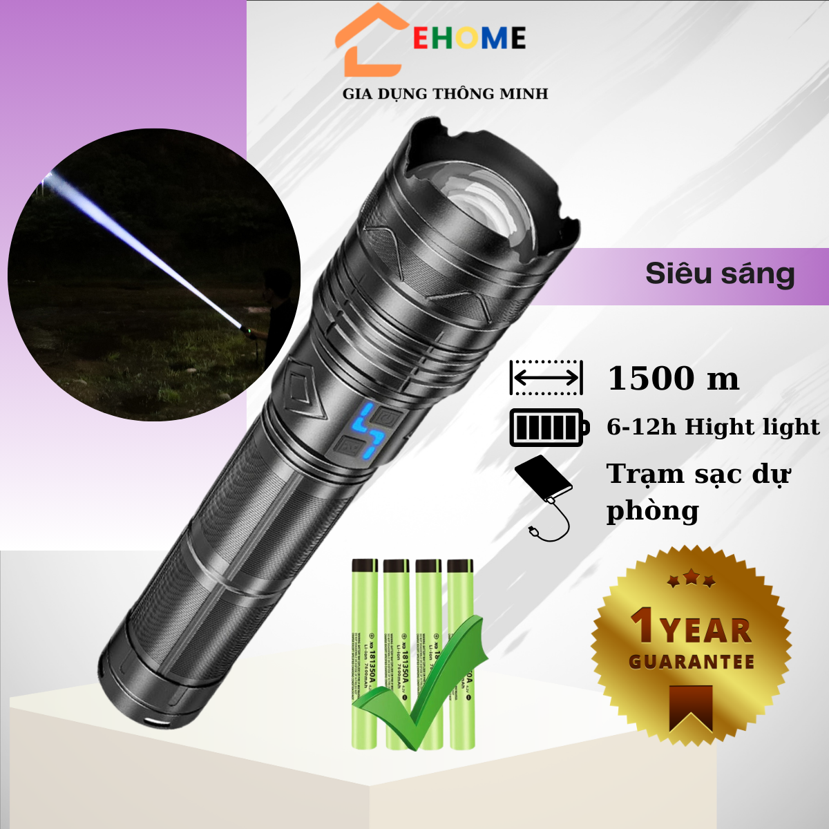 Đèn pin siêu sáng cao cấp công suất lớn đèn bin cầm tay đa chức năng chiếu xa 1500m sử dùng pin 18650 model M4