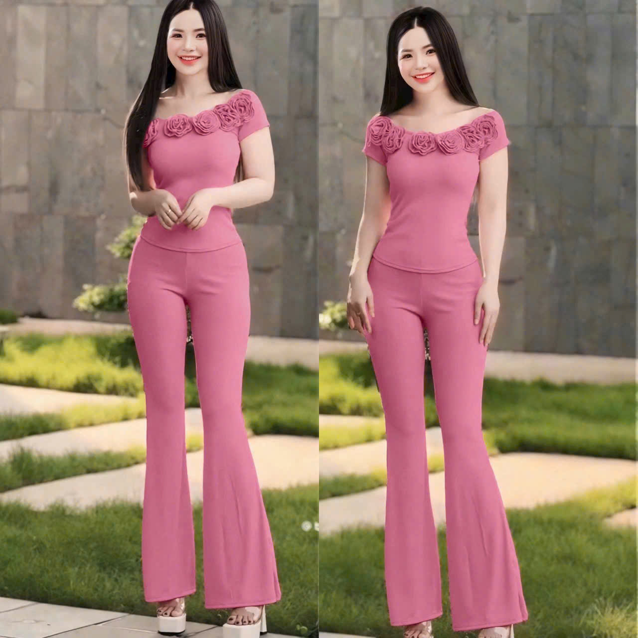 Sét Bộ Thun Tăm Lạnh Áo Phối Hoa - Quần Dài Ống Loe - Mã TL6767