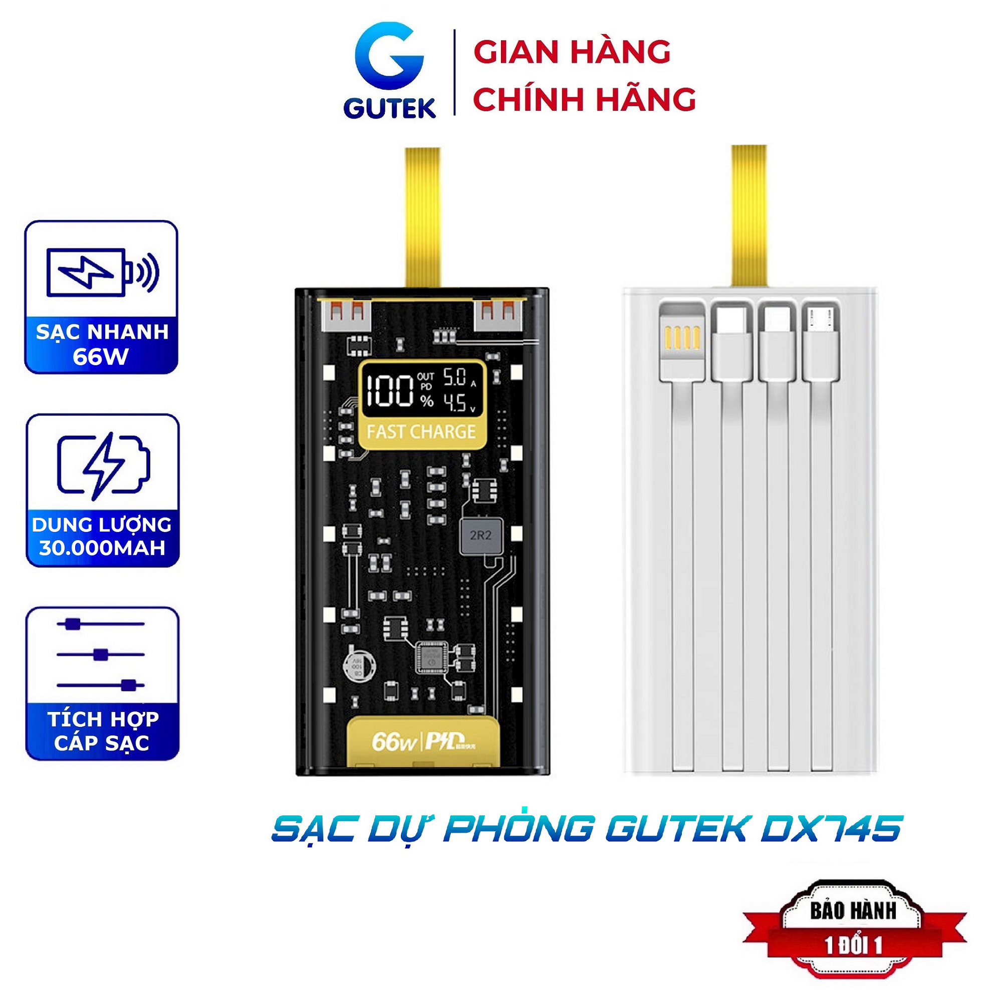 Sạc dự phòng 30000mah pin dung lượng lớn đi kèm dây sạc nhanh 66w cho nhiều điện thoại Gutek DX745