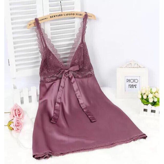 Váy ngủ, đầm ngủ nữ chất vải lụa cao cấp phối ren nơ sexy