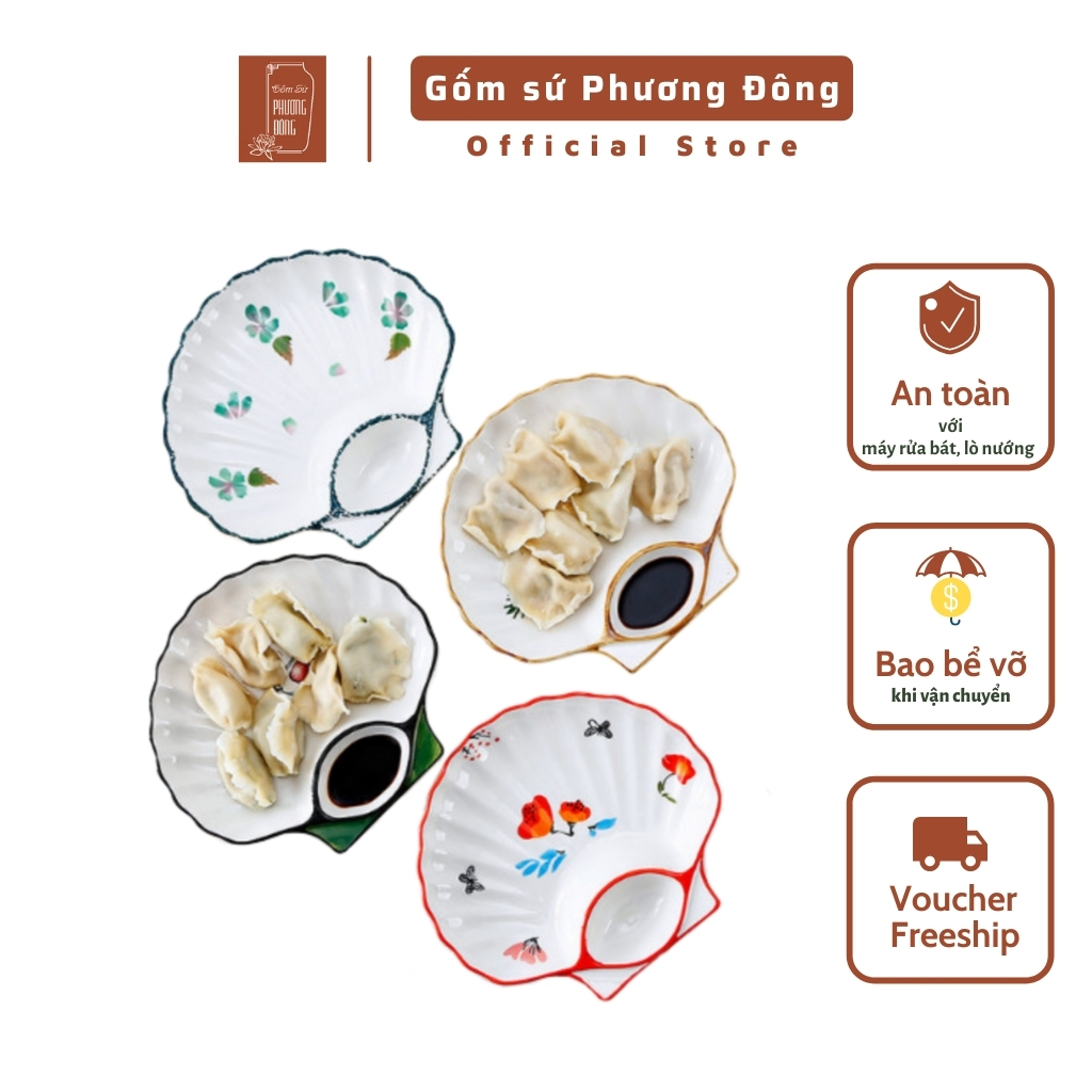 Đĩa gốm sứ Phương Đông cao cấp hình vỏ sò mã PD026 kèm khay chấm dày dặn, men sáng đẹp