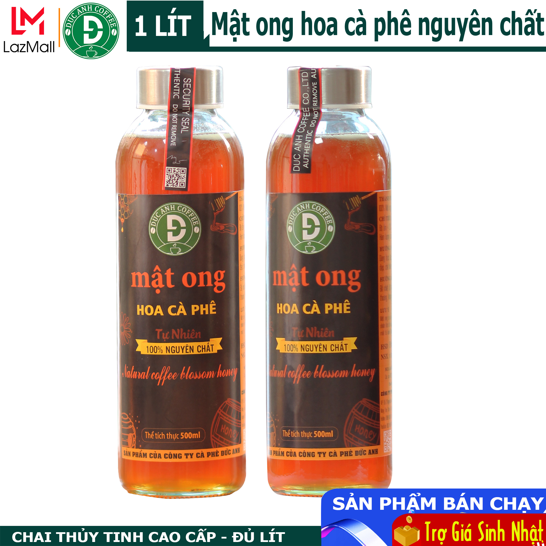 [sale trợ giá] 1 Lít Mật ong nguyên chất hút phấn rừng hoa cà phê CHAI THỦY TINH ( 2 chai 500ml) tương đương 1400g tiện dụng - Sản phẩm của công ty cà phê Đức Anh - Mat ong Duc Anh