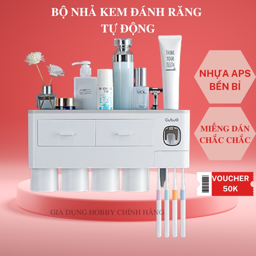 Bộ nhả kem đánh răng tự động, hộp đựng bàn chải đánh răng treo tường phòng tắm, gía để bàn chải đánh răng 2, 3, 4 cốc