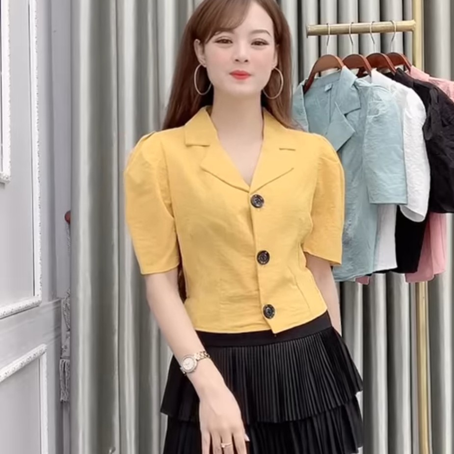 Áo kiểu cổ vest croptop hàn quốc tay phồng công sở thời trang đẹp áo kiểu công sở