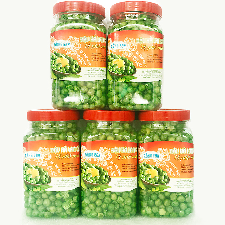 5 Hủ Đậu Hà Lan Sấy Phô Mai (Hủ 220Gram) Thương Hiệu Rồng Con - Đồ ăn vặt, đậu và hạt, đồ ăn chế biến sẵn