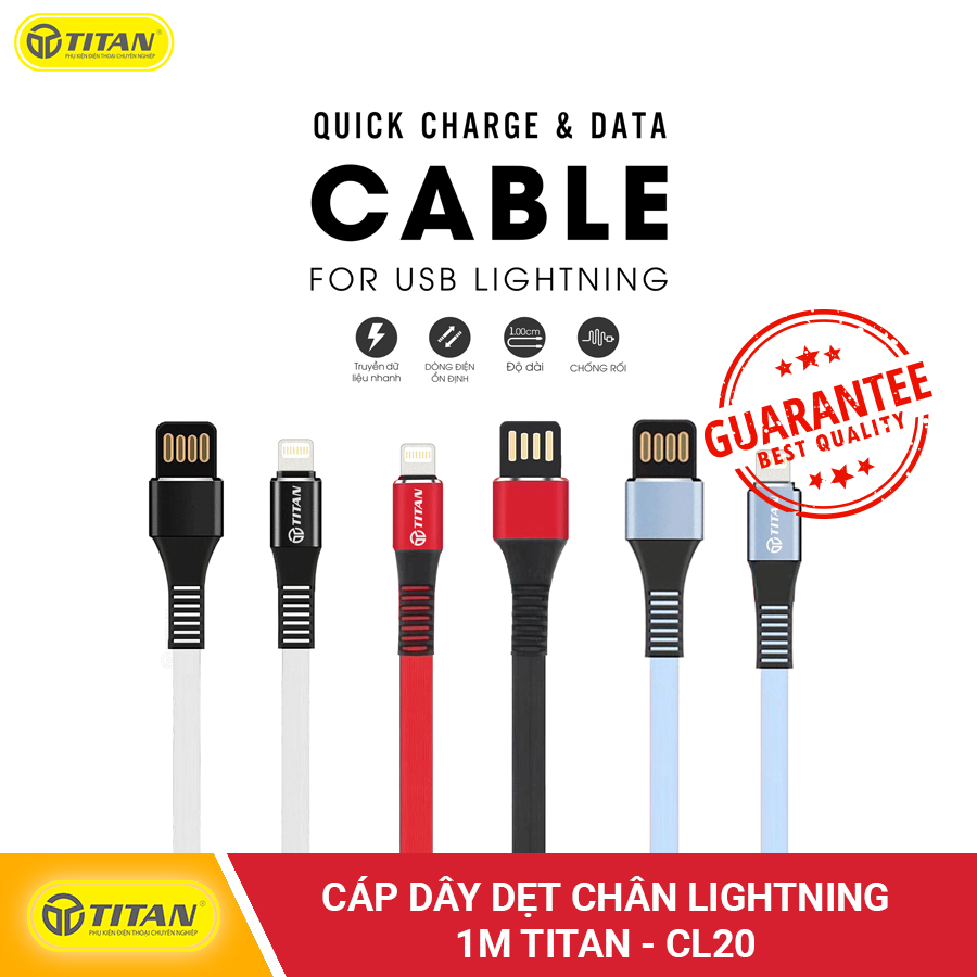 Cáp sạc titan dây dẹt chân lightning dài 1m sạc nhanh cho iphone, ipad tích hợp cổng lightning - cl20- bảo hành 12 tháng