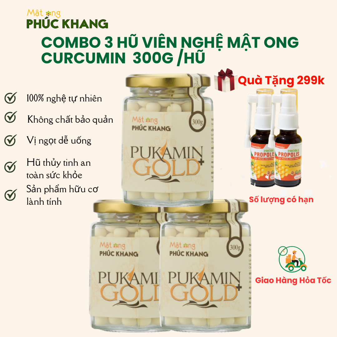 Combo 3 hũ viên nghệ  Pukamin Gold Phúc Khang 300g - Hàm lượng curcumin cao , Công nghệ sấy lạnh tiên tiến ,Hũ thủy tinh cao cấp, Làm đẹp ,  ,Chống viêm , giảm thâm nám , ngăn ngừa lão hóa