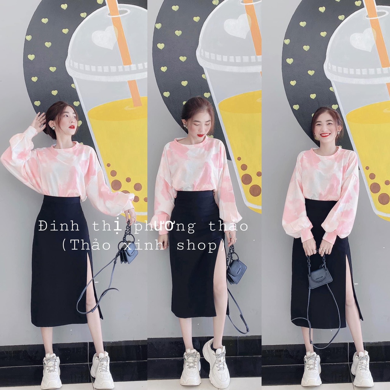 SET VÁY XẺ TÀ + CROPTOP TAY DÀI LOAN MÀU HỒNG