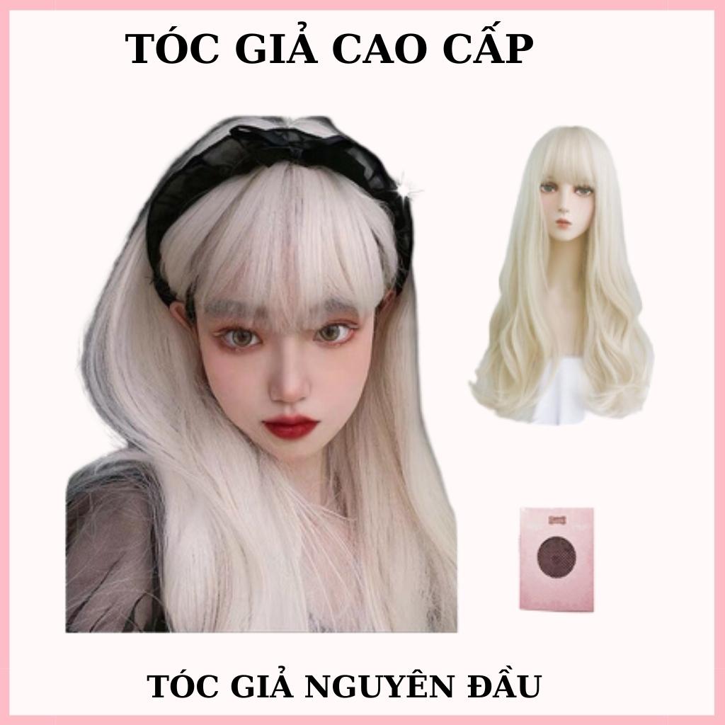 Tóc giả nguyên đầu xoăn nhẹ màu vàng kim, tặng kèm lưới trùm tóc giả