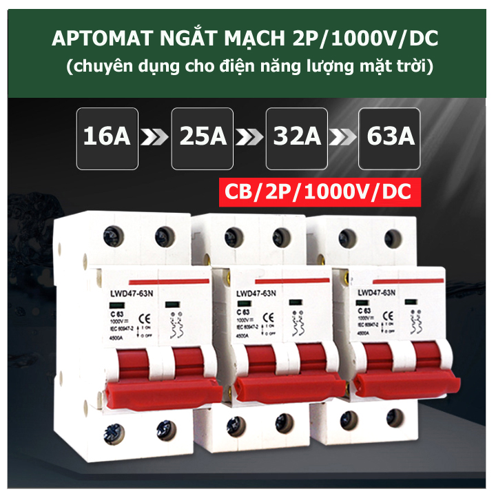 CB DC 1000v cầu dao cho Solar Năng Lượng Mặt Trời 2P DC 1000V 16A/20A/25A/32A/40A/63A/125A LW 1 chiều cb 1 chiều aptomat 1 chiều