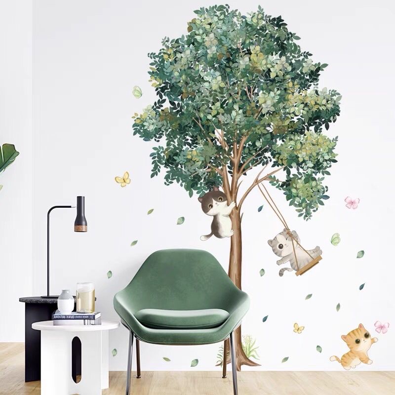 Decal dán tường mèo chơi xích đu