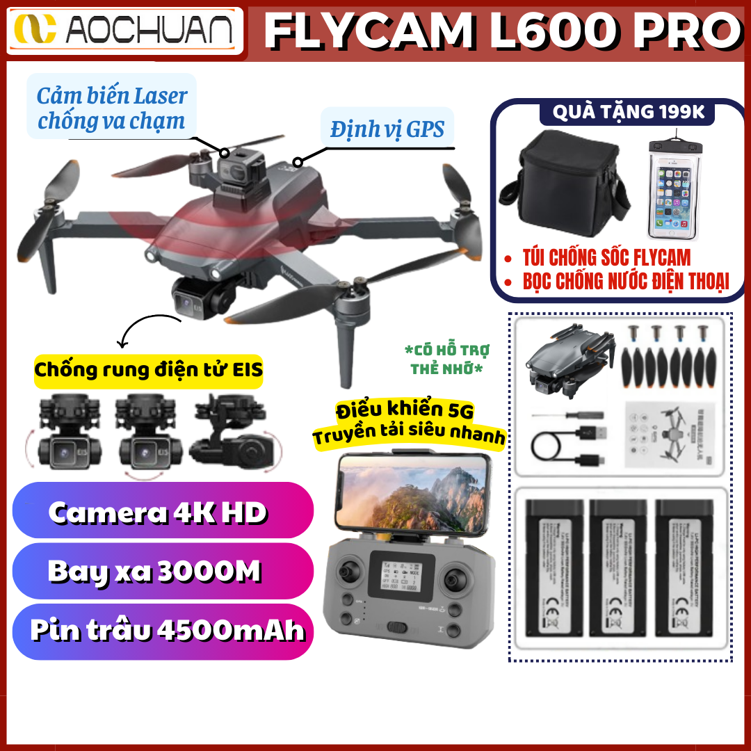 Máy Bay Flycam L600 Pro Max-Drone Camera 4k-Máy Bay Điều Khiển Từ Xa- Flycam Định Vị GPS Tự Quay Về-Play Camera Cảm Biến Chống Va Chạm, Gimbal Chống Rung 3 Trục, Động Cơ Không Chổi Than,Bay Xa 3000m_FLYCAM CHÍNH HÃNG AOCHUAN
