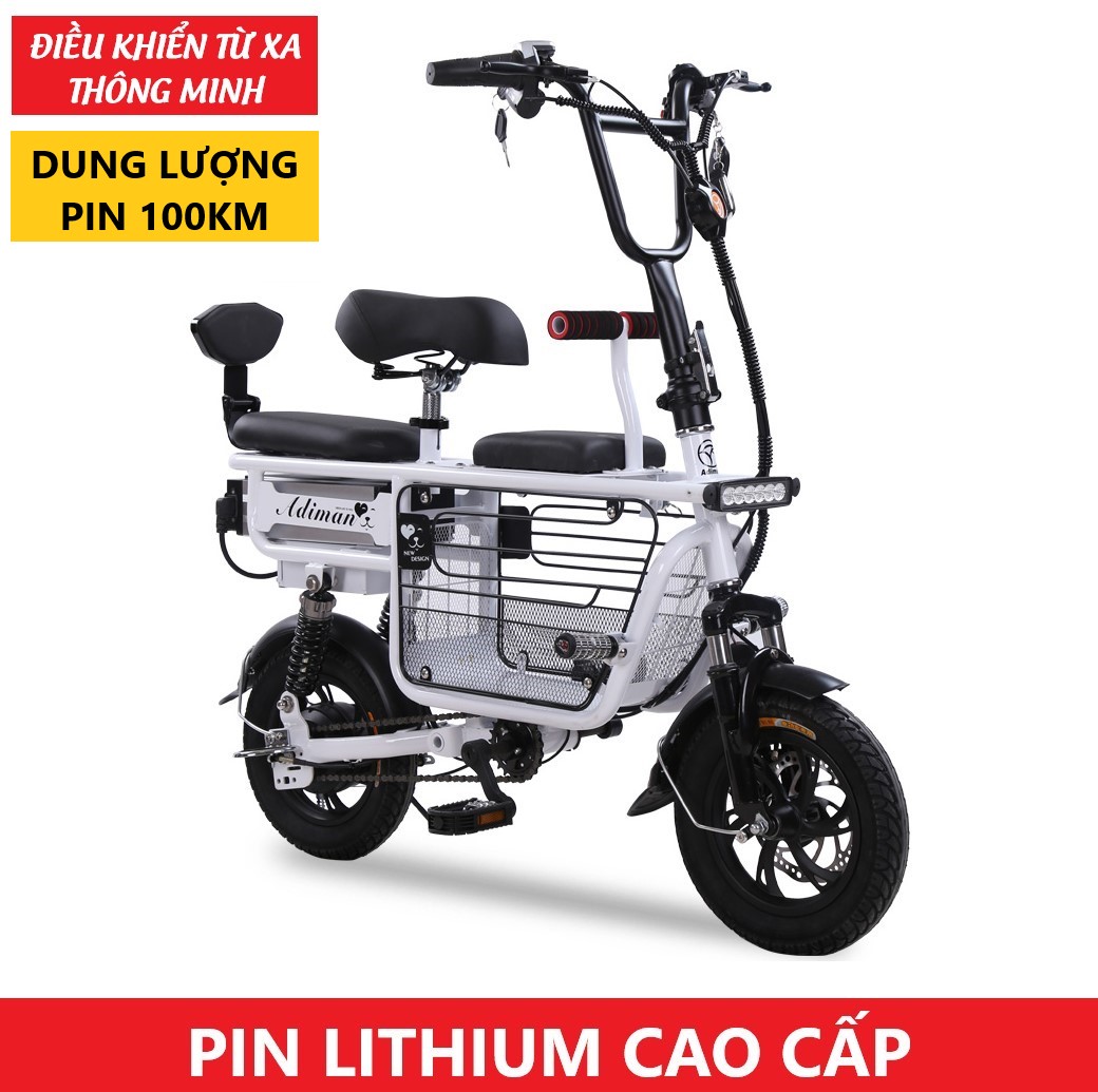 Xe Đạp Điện Mini ADIMAN Giỏ To X1. 3 Ghế Ngồi (Pin Lithium 48v-20A)