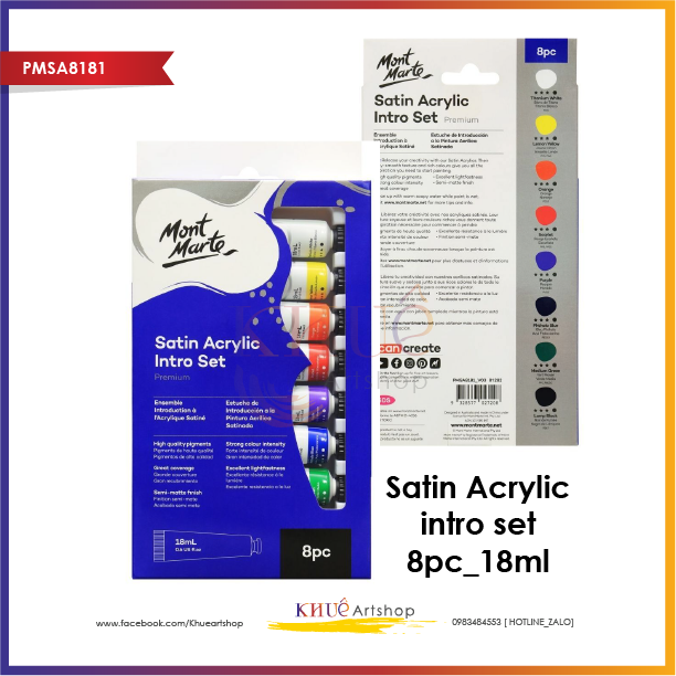 Satin Acrylic Mont Marte/ 8pc,18ml / set Giới thiệu 8 tuýp, 18ml / Set intro satin acrylic Mont Marte premium