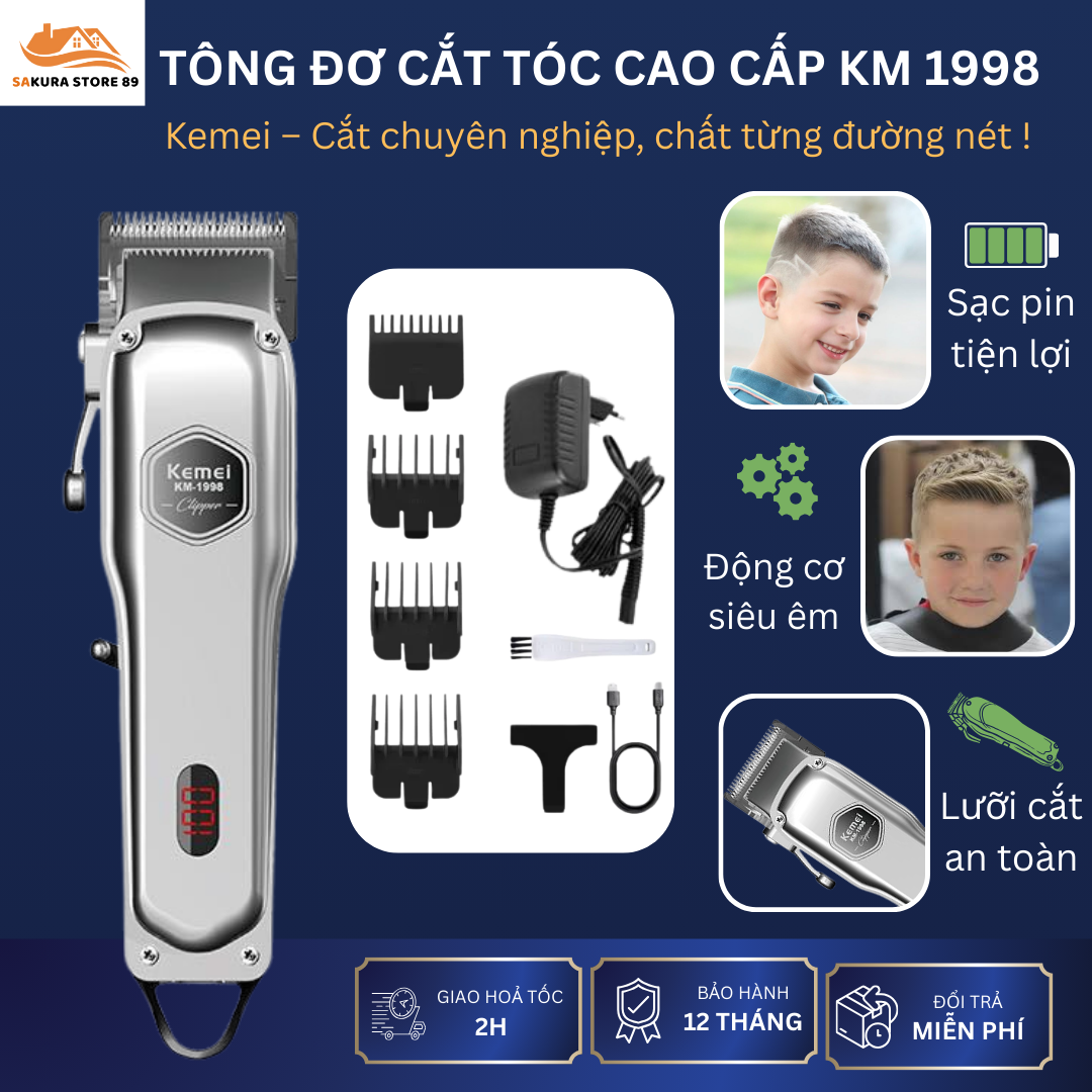Tông Đơ Cắt Tóc Gia Đình Đa Năng Kemei 1998 – Dùng Cho Gia Đình, Em Ái, Không Ồn Hàng Chính Hãng