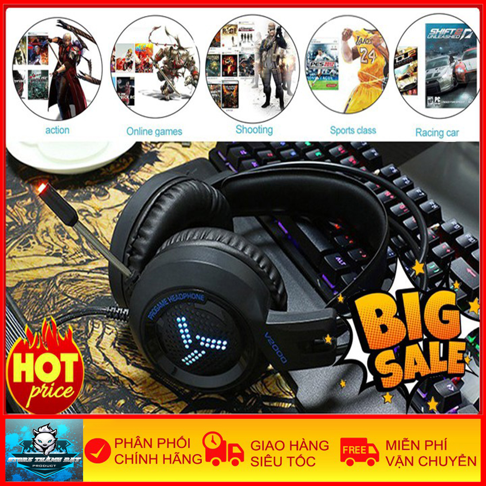 Tai Nghe Máy Tính Gaming V2000 - Tai Nghe PC Chụp Tai Có Micro Và Đèn Led - Phong Cách Game Thủ - Bass Âm Tốt - Cách Âm Tốt - Xuyên Âm - Chống Ồn - Nghe Tiếng Bước Chân