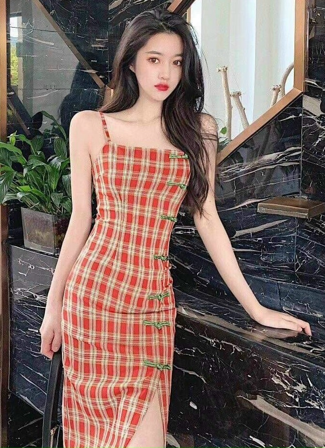 Đầm hai dây carô dễ thương thời trang dự tiệc dạo phố cao cấp