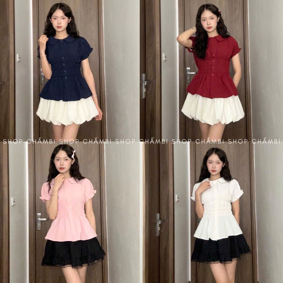 Áo sơ mi nữ A.727, Áo sơ mi cổ sen 1 lớp tay bo cộc tay chun eo 3 hàng phối dây nơ buộc sau - Shop Chấm Bi