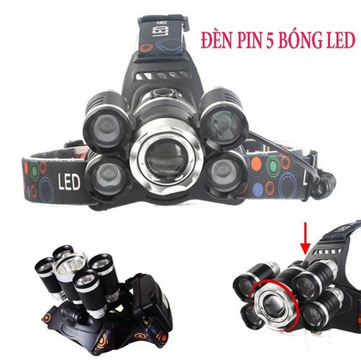 Đèn pin đội đầu 5 bóng, đèn pin đội đầu siêu sáng, đèn pin đội đầu, sạc điện, 5 bóng nhiều chế độ, thu ánh sáng gần xa, đèn pin bao gồm 2 pin sạc và cục sạc