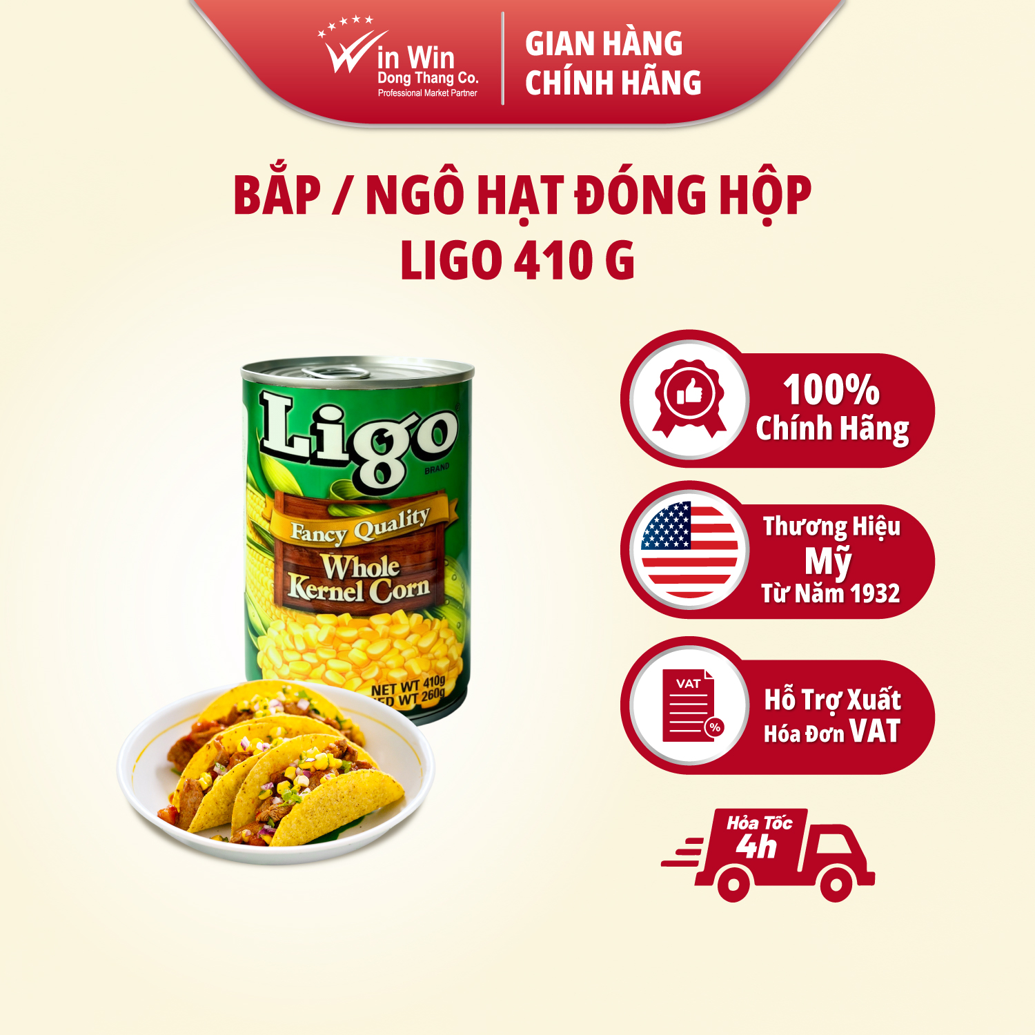 Bắp / Ngô Hạt Đóng Hộp Ligo 410 g - Thương Hiệu Mỹ, SX Thái Lan | Ligo Canned Whole Kernel Corn In Brine 410 g