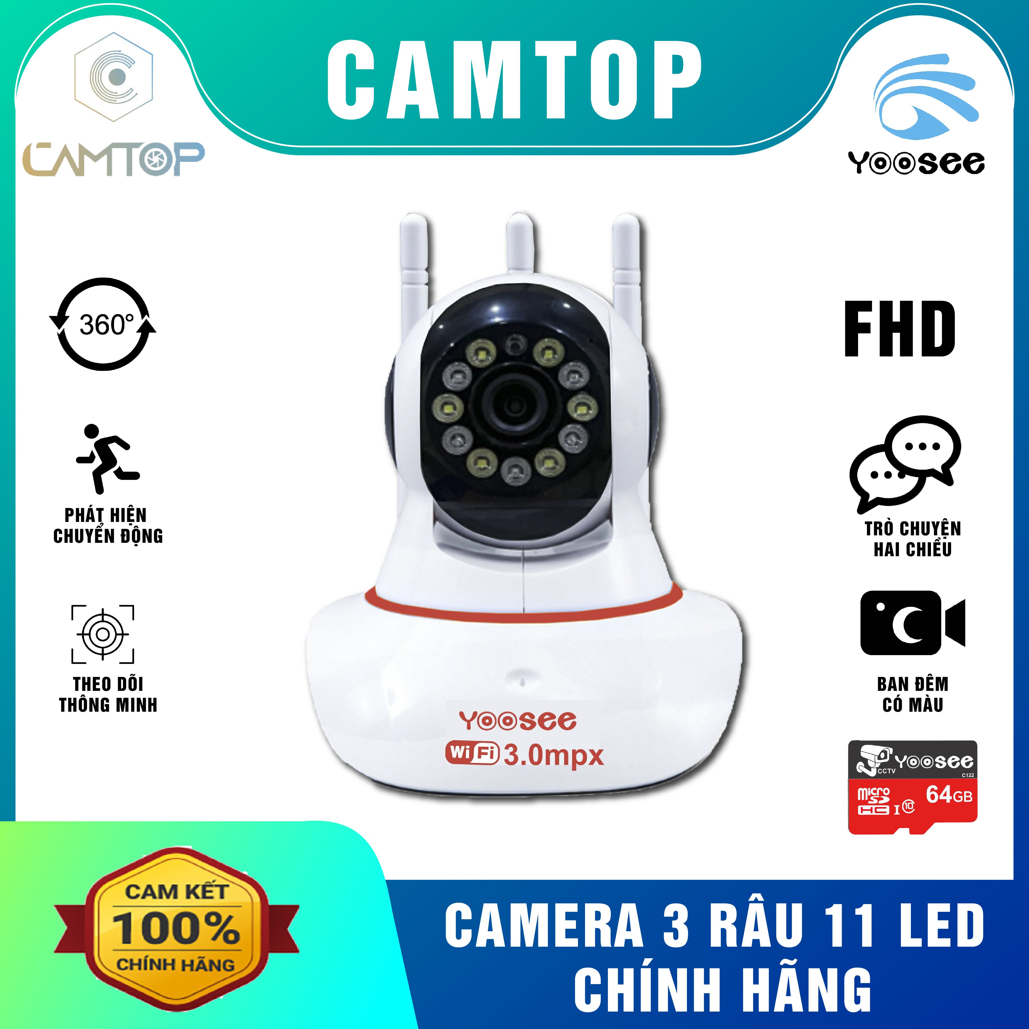 Camera ip yoosee thế hệ mới 2.0 3anten - xoay 360 xem đêm có màu