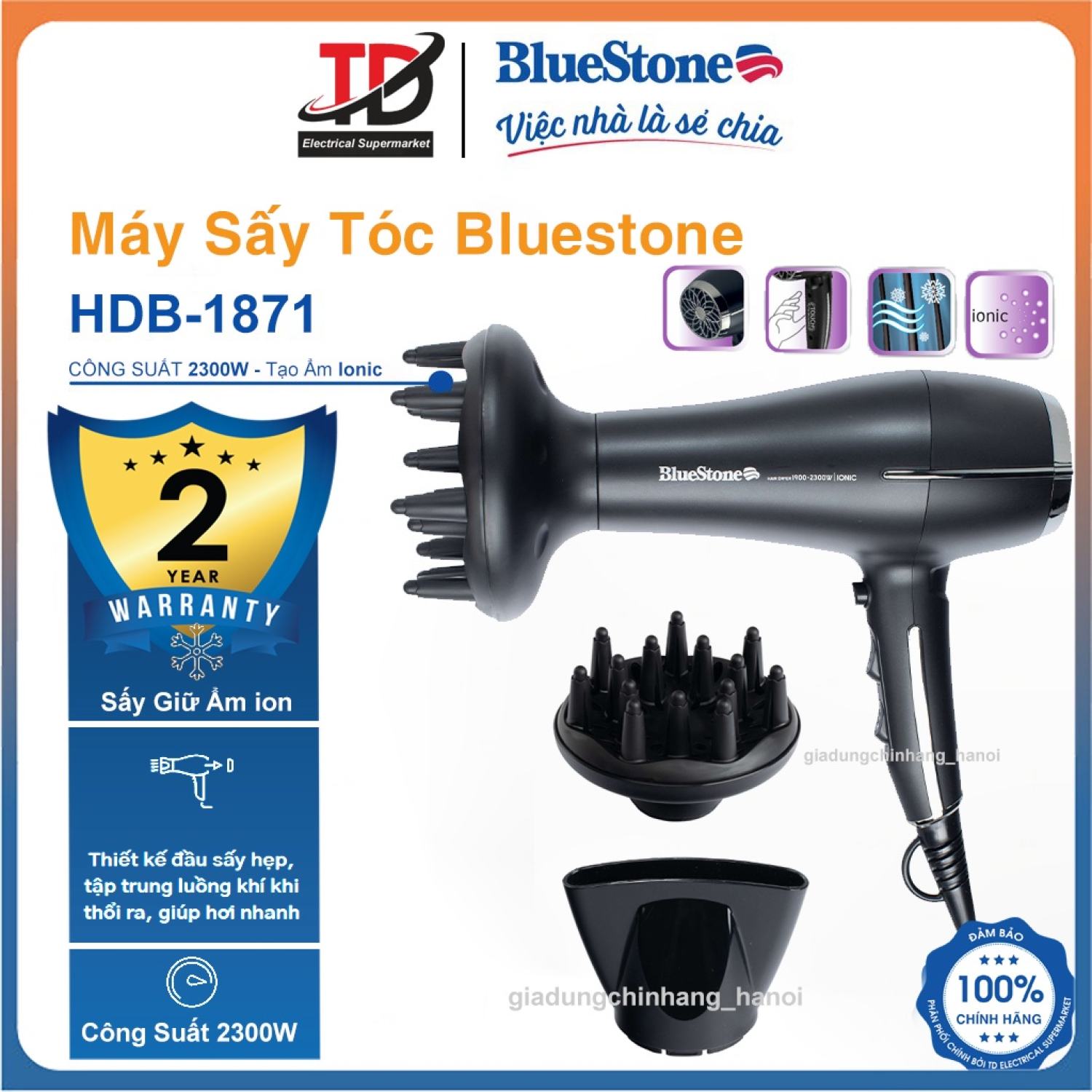 Máy sấy tóc bluestone hdb-1871, 2300w - giữ ấm ionic và cảm biến touch me, hãng chính hãng