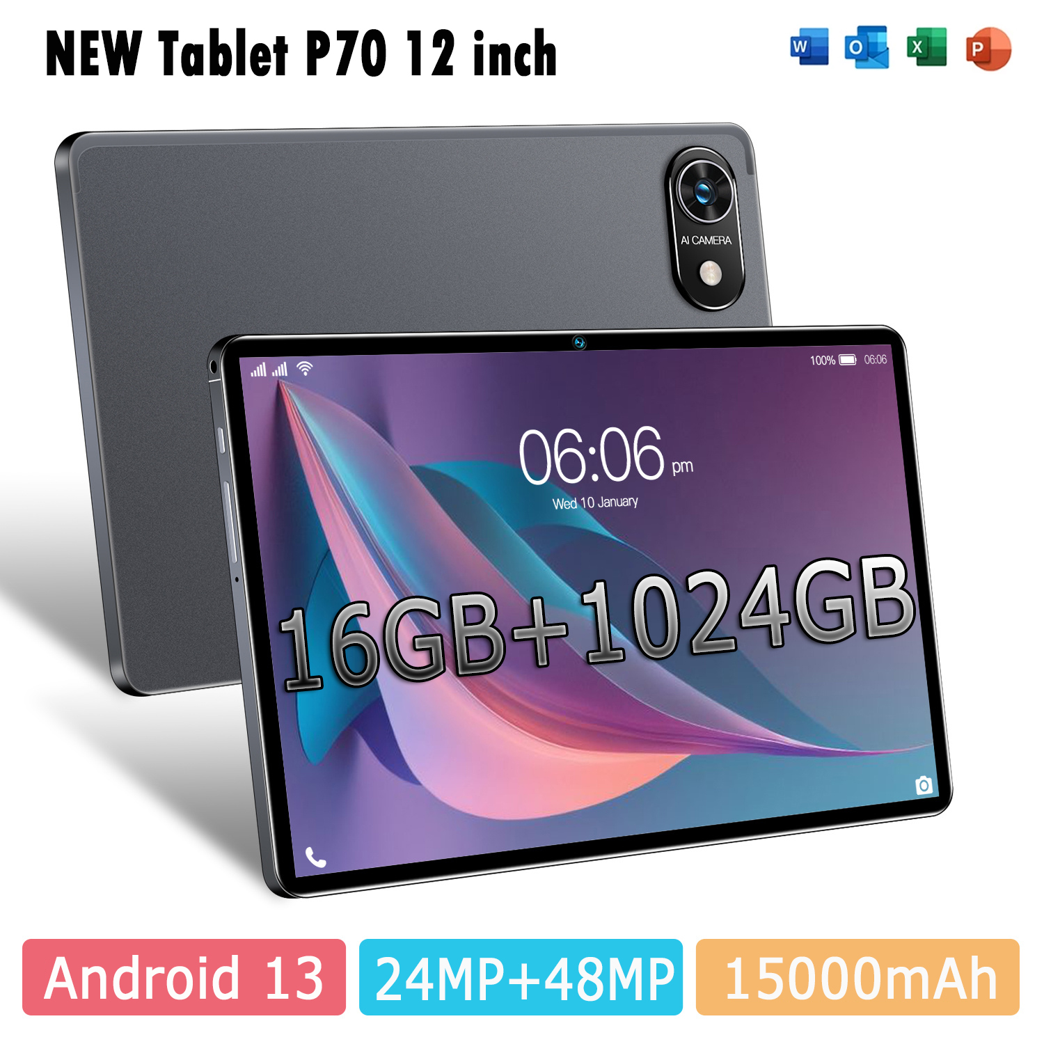  Máy tính bảng P70 12 inch RAM 16GB ROM 1TB Android 13 15000mAh 24MP 48MP camera HD Snapdragon 888 tần số quét cao 60Hz hỗ trợ 4 5G WiFi Bluetooth GPS và các tính năng khác máy tính bảng giá rẻ học tập văn phòng xem phim chơi game. 