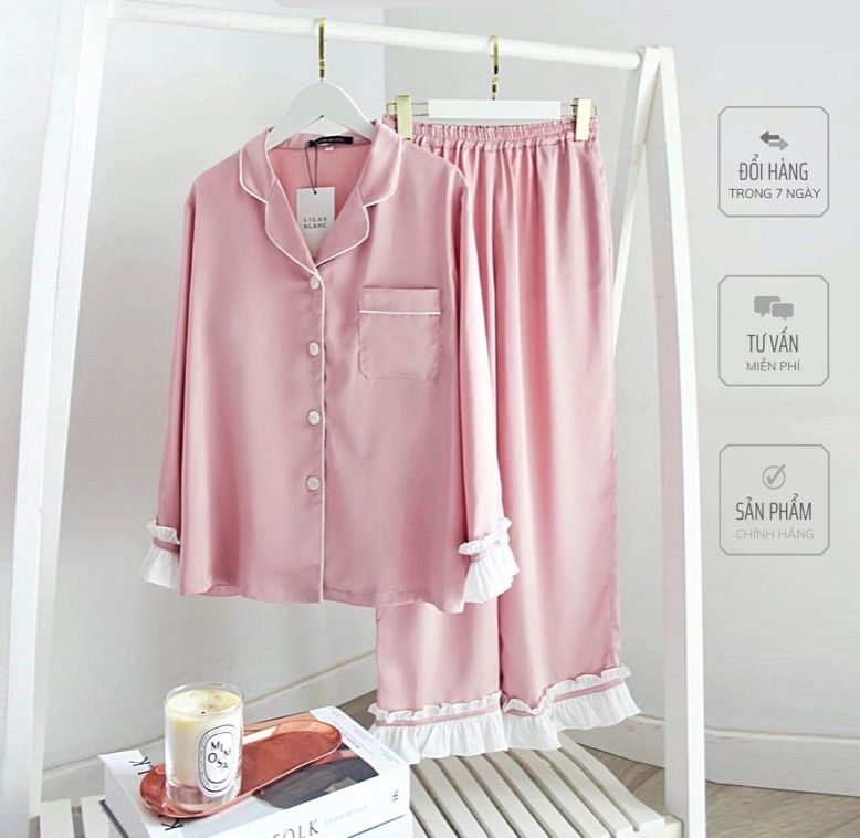 Bộ pyjamas nữ mặc nhà áo dài quần dài chất liệu lụa màu hồng pastel thiết kế phối viền bèo trắng bella lilas blanc