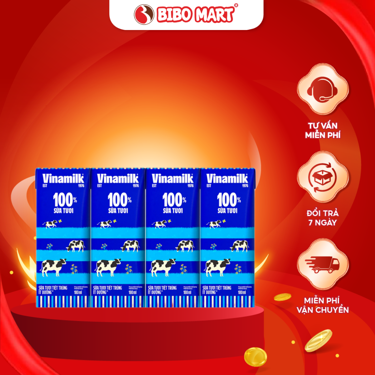 Lốc 4 Hộp Sữa Tươi Vinamilk Ít Đường 180ml - Bibo Mart