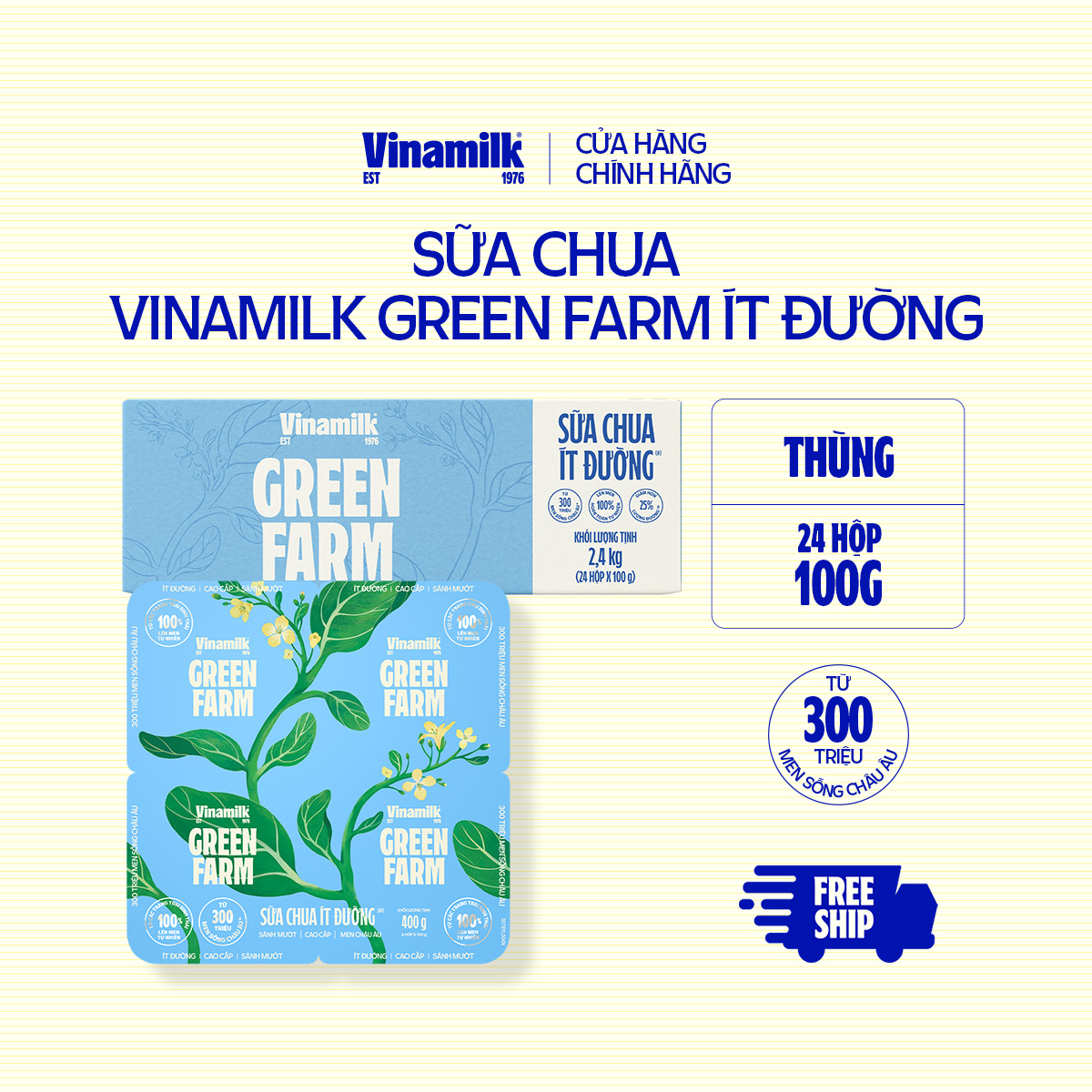 2 Thùng Sữa chua ăn Vinamilk Love Yogurt Green Farm Ít Đường Hộp 100g 24 hộp/thùng