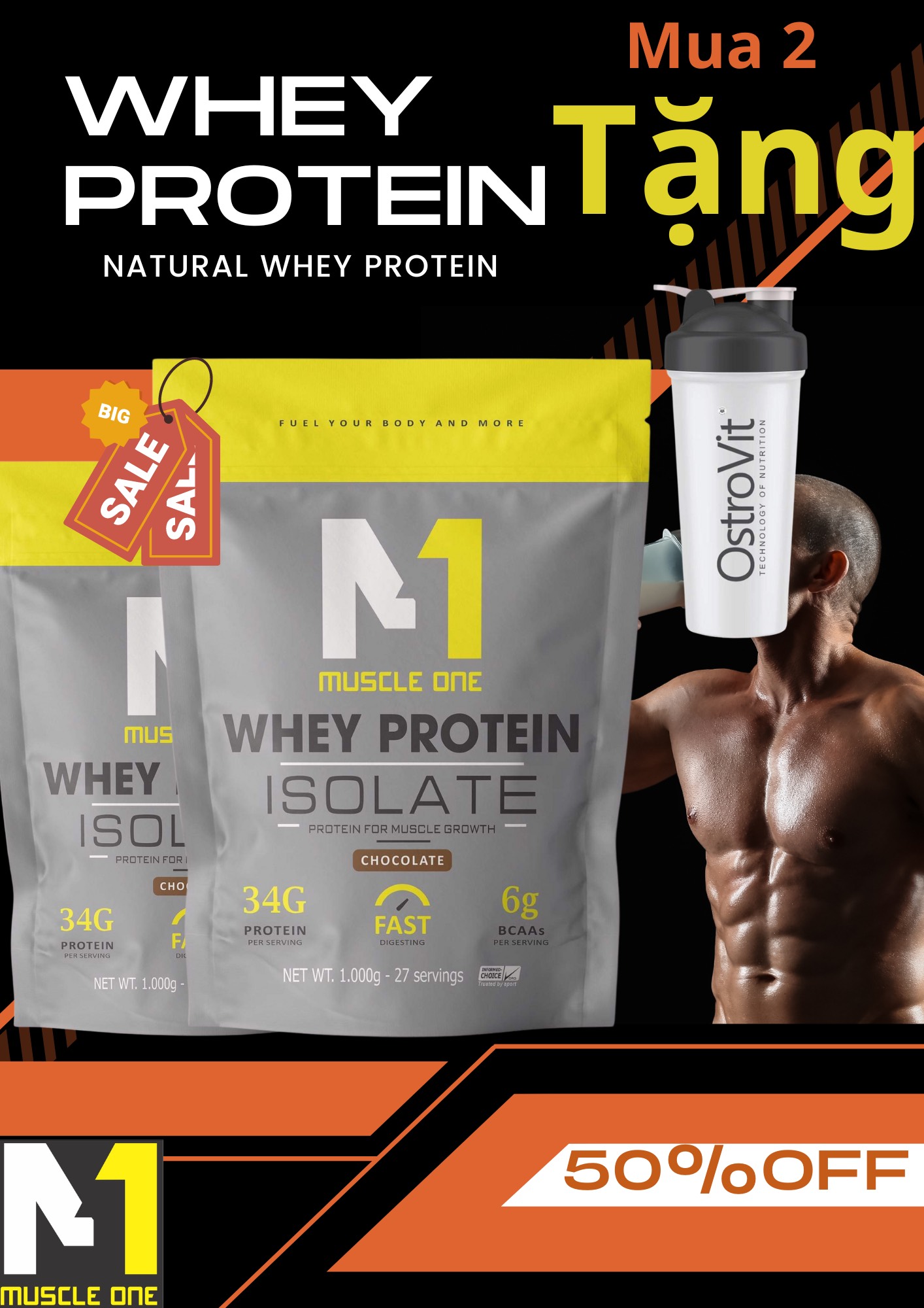 Whey protein isolate loại 2 túi 2kg, hỗ trợ tăng cơ giảm mỡ, tặng 1 bình lắc kèm theo.