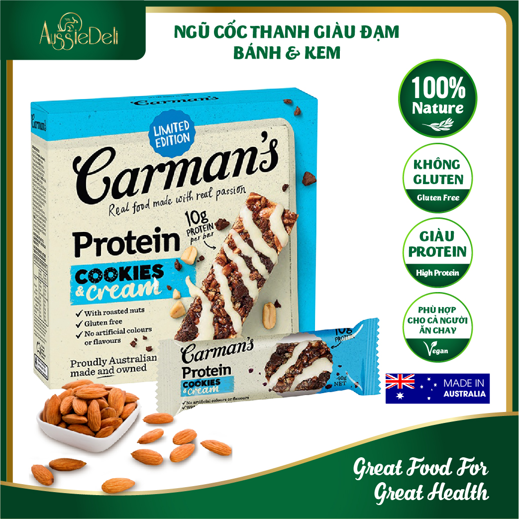 Thanh protein bar giàu đạm cookies và kem sữa carman's - cookies & cream 200g