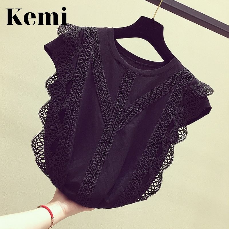 Áo kiểu nữ đẹp cổ tròn phối ren thanh lịch thời trang, Áo nữ dễ thương với 2 màu đen trắng cực xinh - Kemi