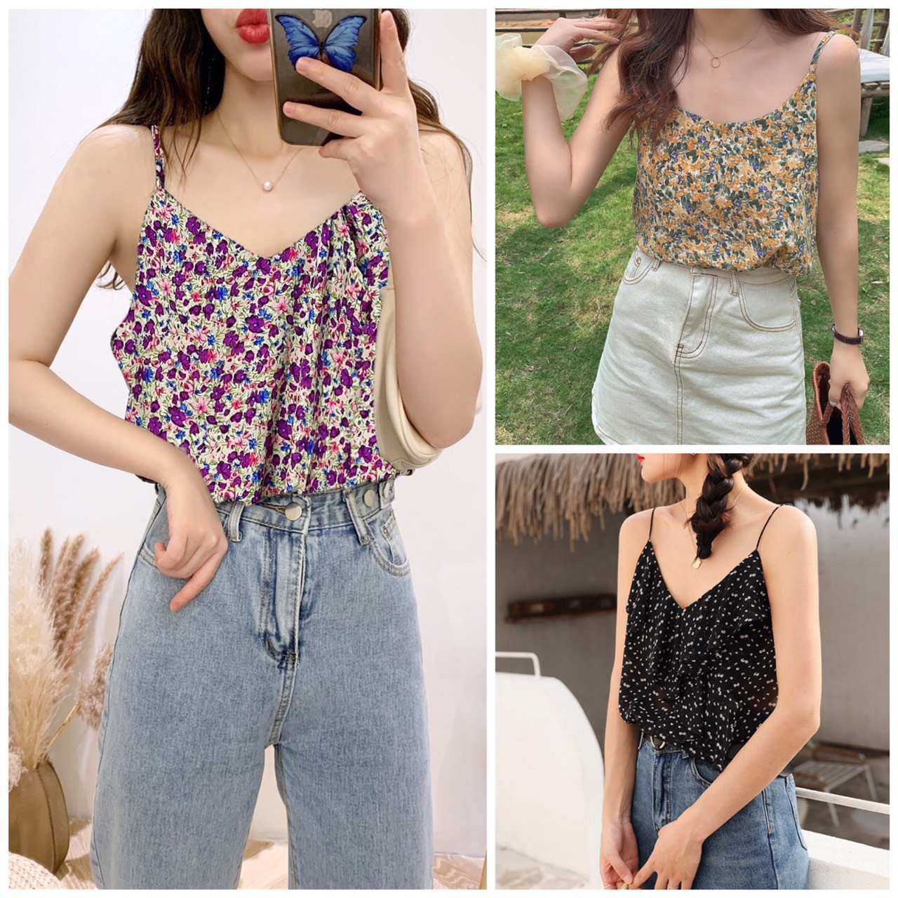 Áo 2 Dây Hoa Nhí Chất Voan Nhật Mát - Áo Hai Dây Nữ Nhiều Màu Phong Cách Vintage HD09