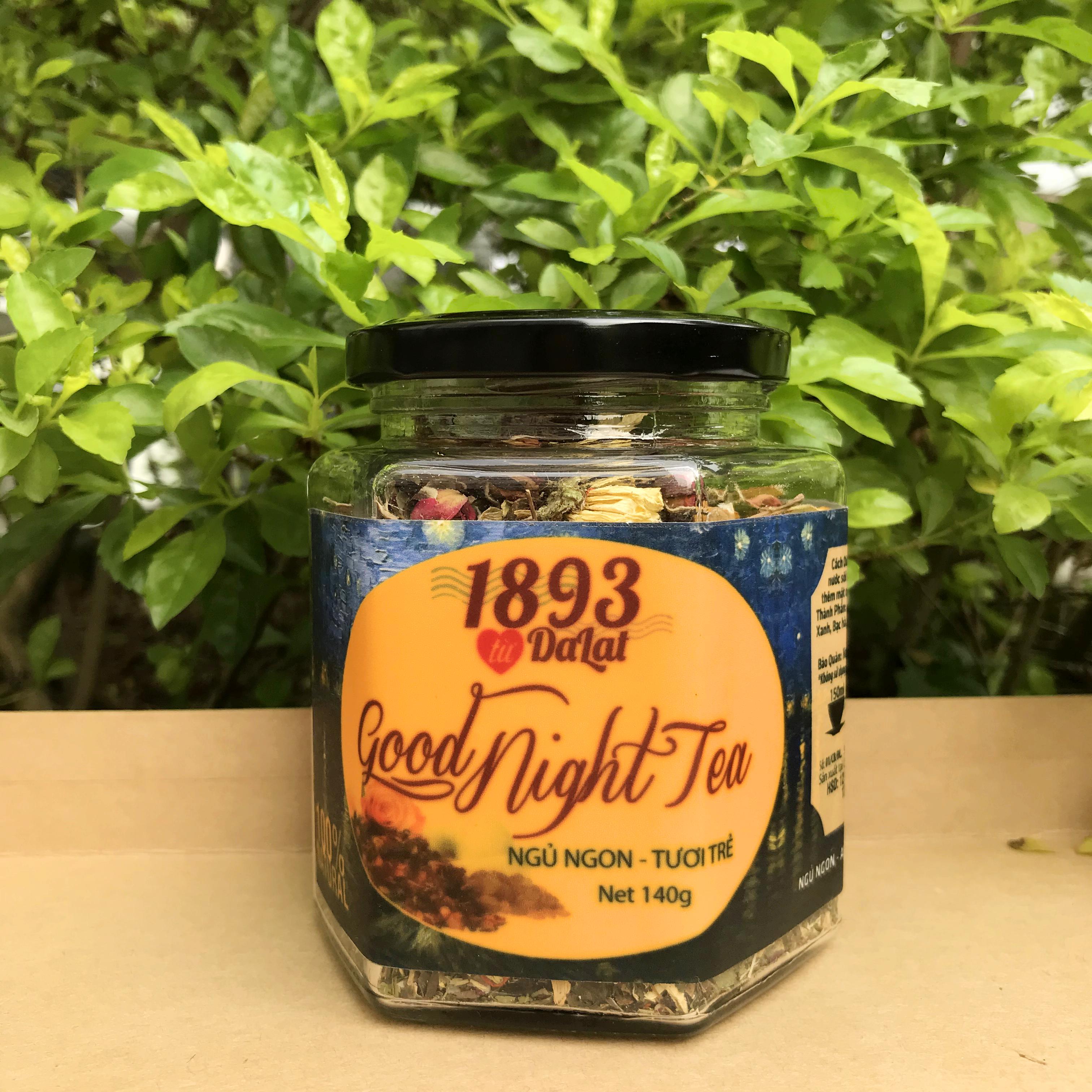 Trà Ngủ ngon Goodnight Tea Trà Hoa Đà Lạt 1893, giúp ngủ ngon, hỗ trợ chống lão hóa, phù hợp cho người lớn tuổi, người tiểu đường, mất ngủ, thần kinh căng thẳng, cáu gắt, hộp thủy tinh sang trọng 140gr Nahome
