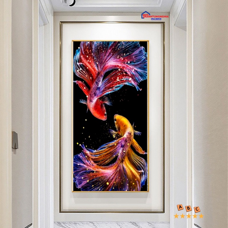 Tranh đính đá, tranh thêu chữ thập cá chép hóa rồng 90cm x 50cm