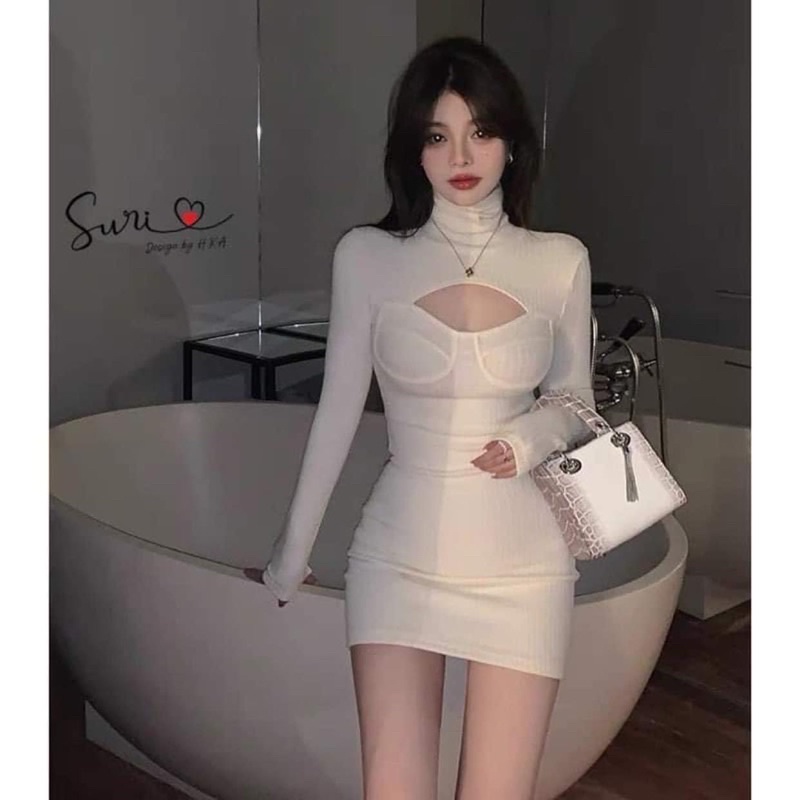 Đầm body cổ cao khoet nguc tay dài