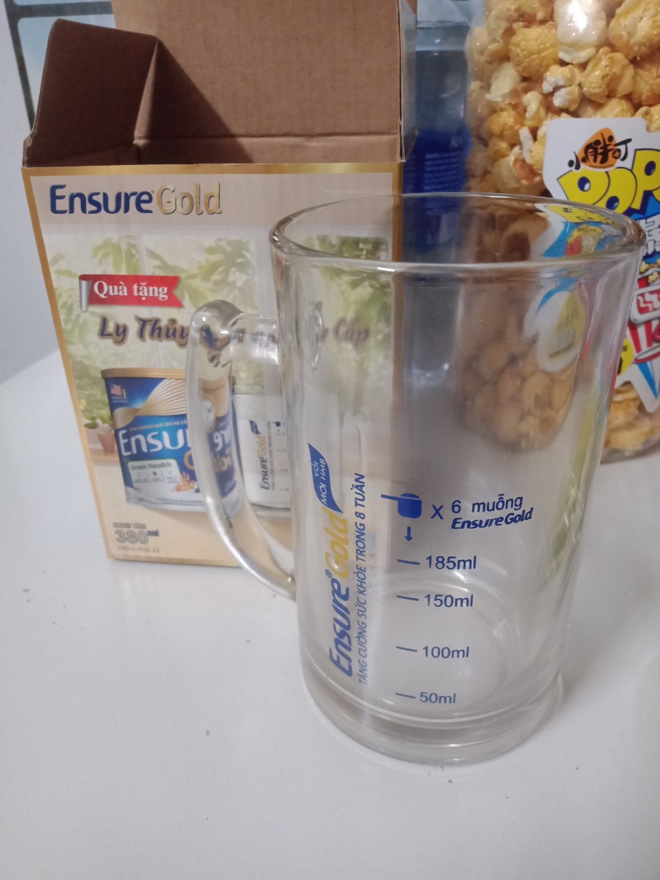 Mô tả sản phẩm Ly Thủy Tinh luminax 380ml Ensure Cao Cấp - Ly Thủy Tinh Chia Vạch Có Quai Cầm